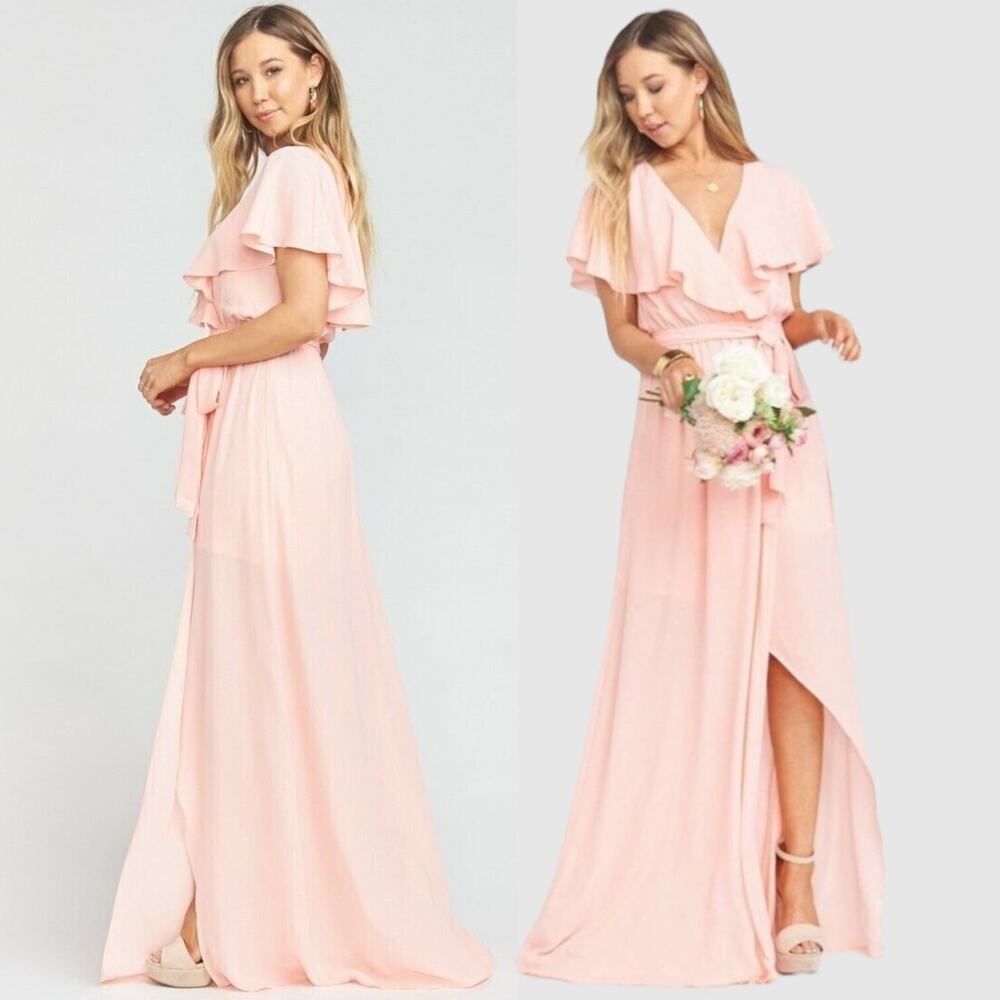 SHOW ME YOUR MUMU Audrey Coral Pink Maxi Ruffle Bridesmaid Dress Belted Wedding